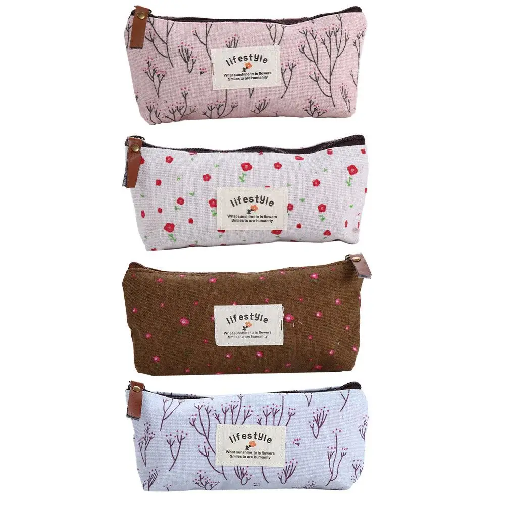 Kawaii Cute Fabric for Girl Makeup Bag Floral Flower Pen Bags Pencil Case Zipper Pouch Pencil Bag