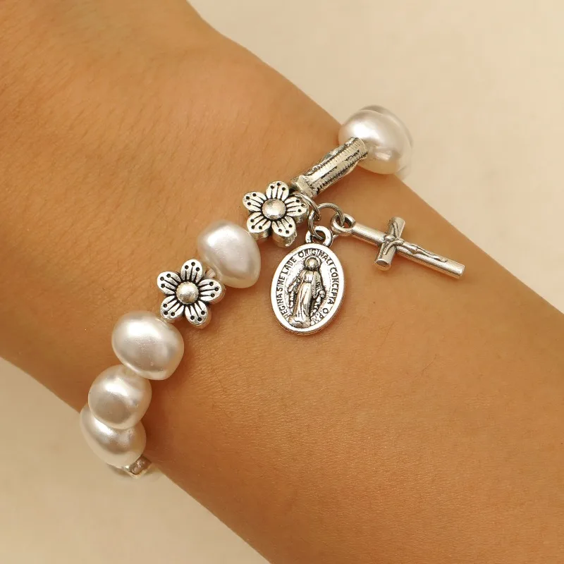 Pulsera con colgante de la Virgen María y cruz de flores con cuentas de perlas de imitación, pulsera de moda vintage