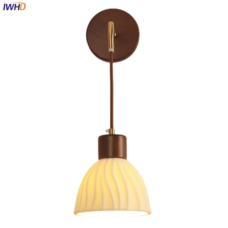 

IWHD Simple Adjustable LED Wall Light Fixture Dining Room Study Bar Home Decor Ceramic Wood Base Bedside Lamp Lamparas De Pared