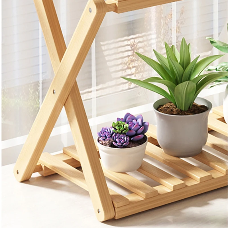 Foldable bamboo Flower Stand Windowsill Balcony Shelving Double Partition Floor Pot Succulent Pot Holder