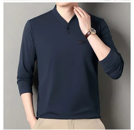 

Woolen casual button V-neck business dad outfit solid color long sleeved T-shirt autumn and winter skin friendly base top