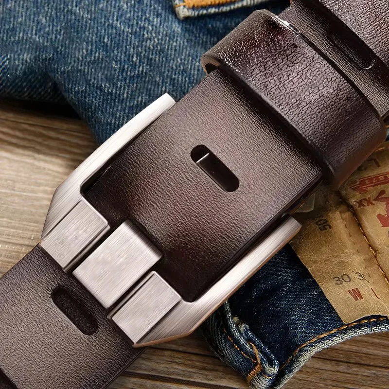 Men's leather belt, black buckle, new style, fashionable, trendy, light luxury, casual, versatile, suitable for jeans, pin buckl