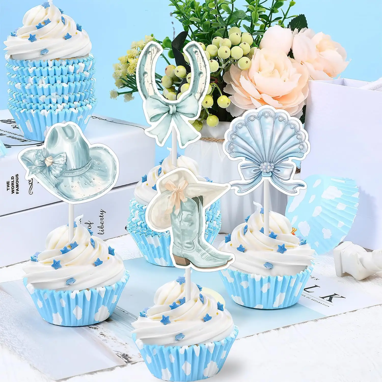 Sursurprise 36Pcs Coastal Cowgirl Cupcake Toppers Blue Shell Boots Hat Cake Decor Last Toast on The Coast Bridal Shower Supplies