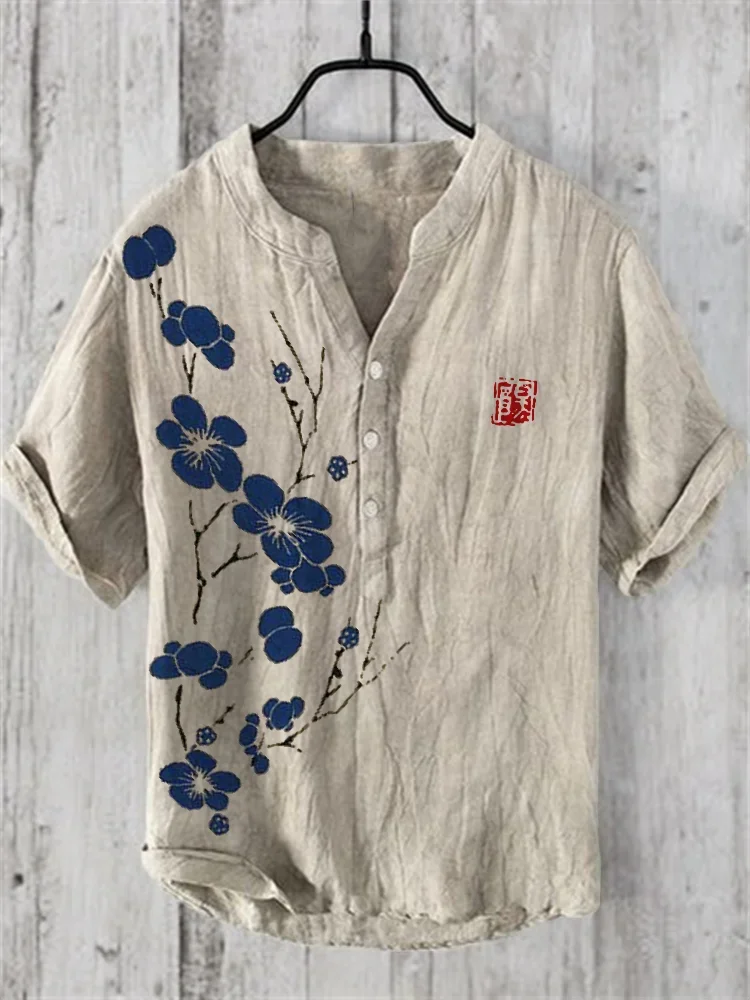 Camiseta de manga corta con estampado artístico japonés para hombre, camisa urbana a la moda con cuello en V, Henley, verano 2024