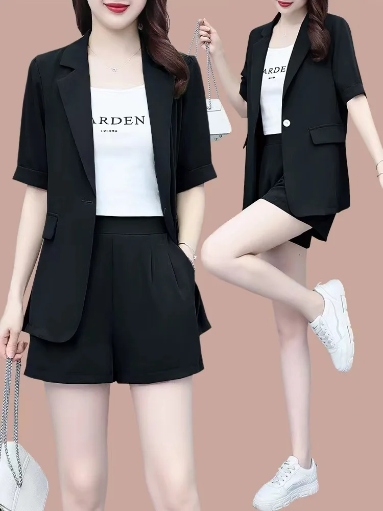 

plus Size Suit Set Women's Summer New Loose Slim Wide Leg Shorts Two Piece Set Korean Style High Waist Short Sleeve Fashion