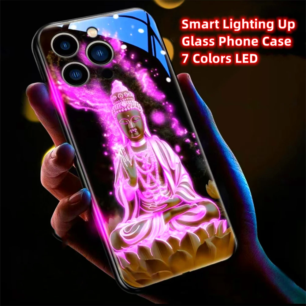 

Golden Bodhisattva Smart LED Light Glow Tempered Glass Phone Case For Samsung S25 S24 S23 S22 S21 S20 FE Note 10 20 Plus Ultra