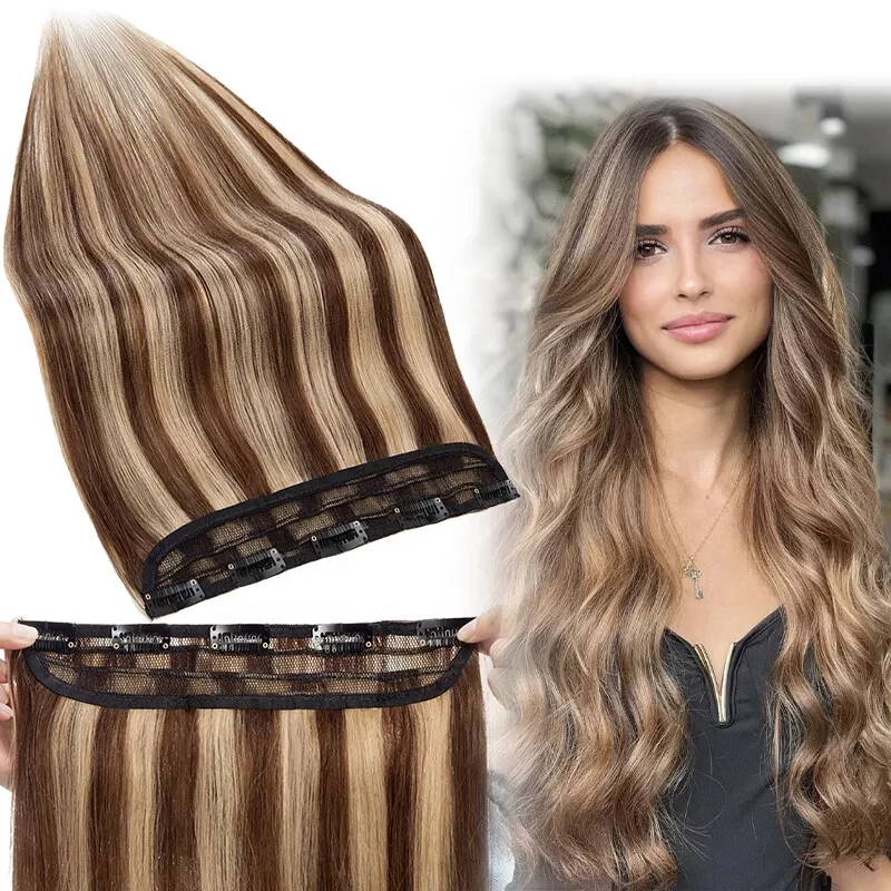 Clip In Human Hair Extensions One 5 Piece Clips Full Head-Thicker Standard Weft P4/27 Medium Brown Huamn Hair 16-26 Inches