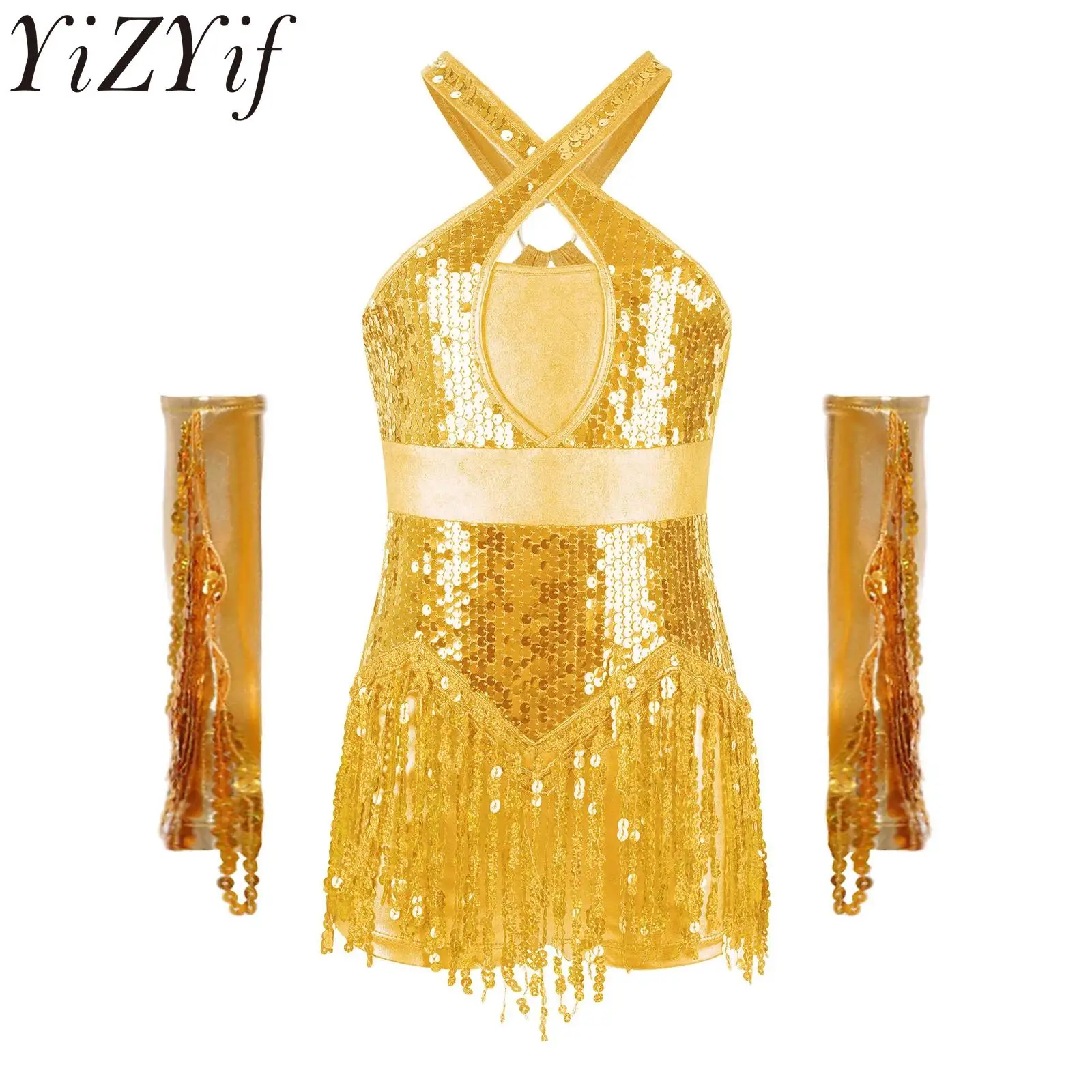 

Kids Girls Latin Jazz Dance Leotard Cha-Cha Performance Stage Costume with Sequins and Gloves for Stage Performance