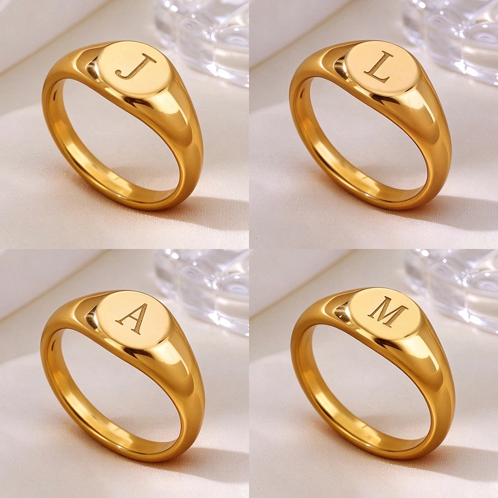 Stainless Steel Initial Letter Rings for Women Gold Color Round Signet Ring Waterproof Non-Fade Fashion Jewelry Gifts