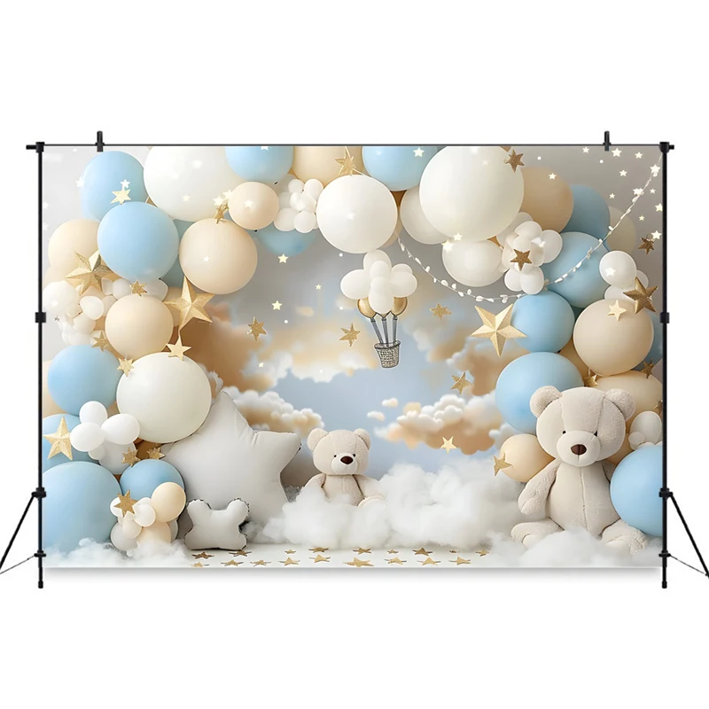 Fundo fotográfico personalizado para aniversário, chá de bebê, nuvem, urso, parede, estrelas, balão, cenário fotográfico, decorações de estúdio