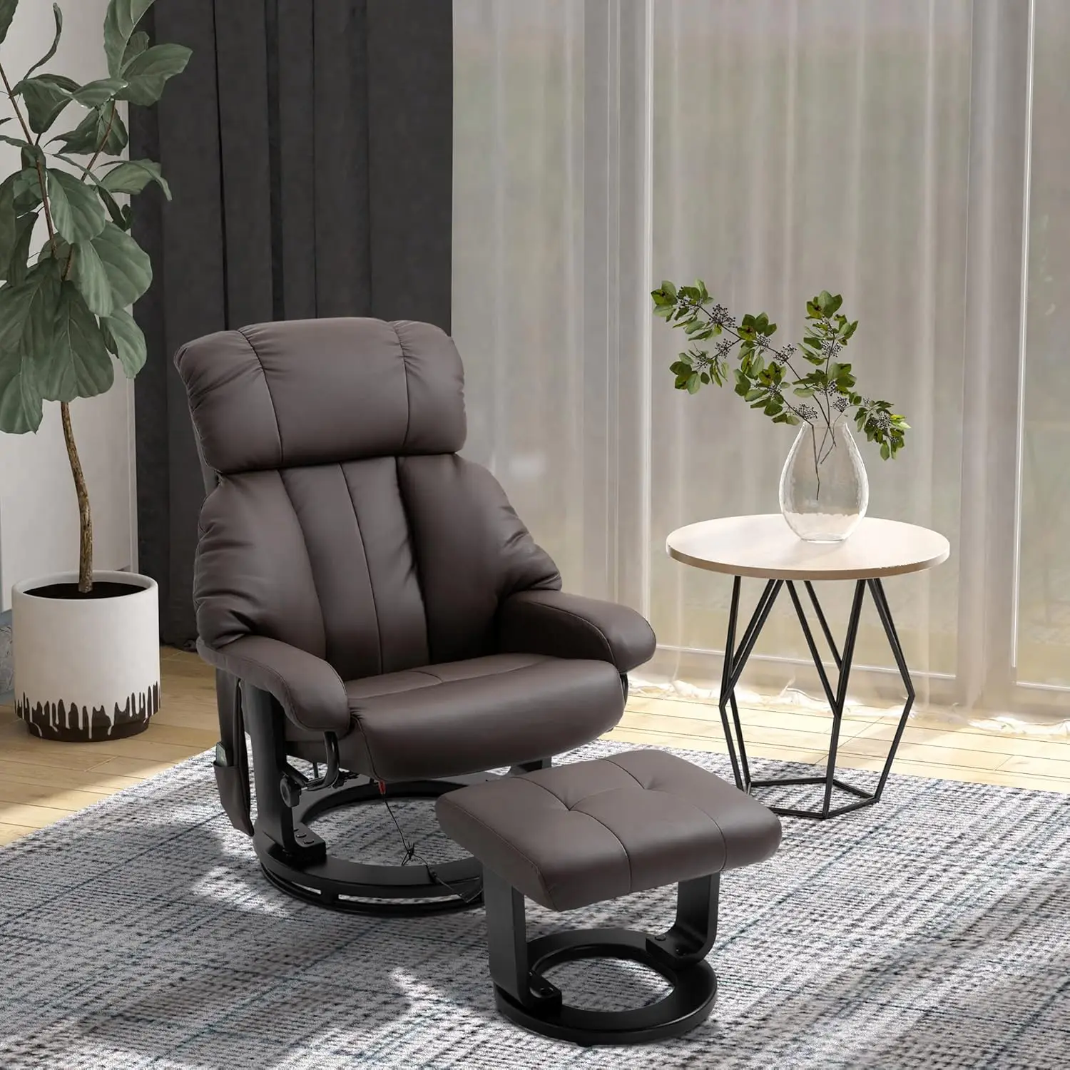 #360° Swivel Massage Recliner Chair with Ottoman, 10-Point Vibration PU Leather Side Pocket Remote Control, Brown, Customized