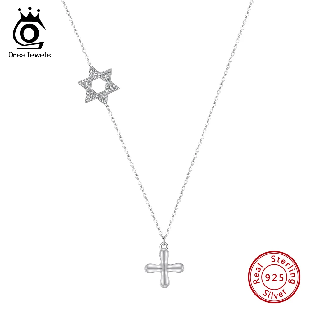 ORSA JEWELS Star Cut Pendant CZ Colar 925 Sterling Silver Choker Chain Cross Pendant Neck Chain For Women's Necklace Fine BQN05