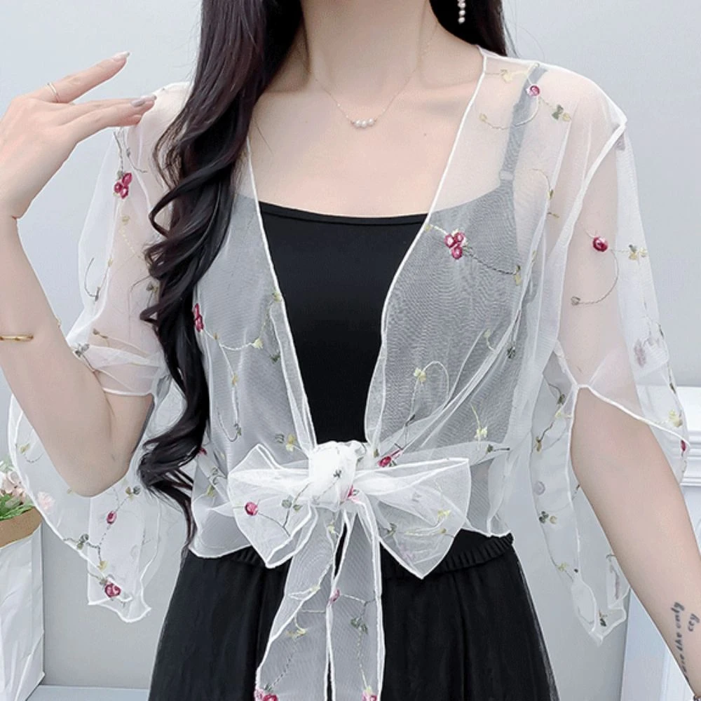 Embroidery Chiffon Small Shawl Jacket Transparent Flower Chiffon Cardigan Shirt Ultra-thin Long-sleeved