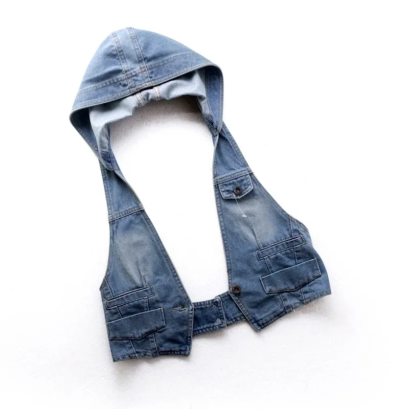 

Summer Korean Vintage Blue Sling Hooded Denim Vest Women Waistcoat Short Sleeveless Jacket Coat Slim Casual Jeans Vests Female