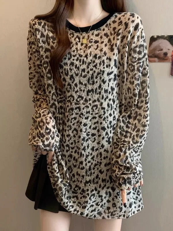 

Faionable plus Size Leopard Print Long Sve T-irt Autumn New Arrival Women's Clothing Meat Covering Base Layer Top