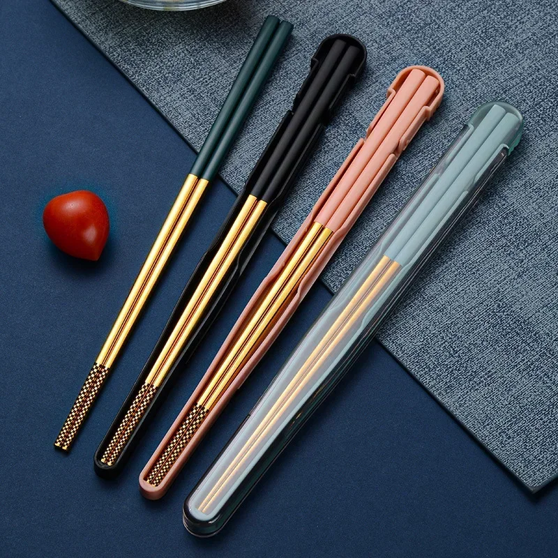 Tainless Steel Chopstick Lunch Tableware Travel Portable Chopsticks Folding Cover Storage Box Dinnerware Kitchen Accessories