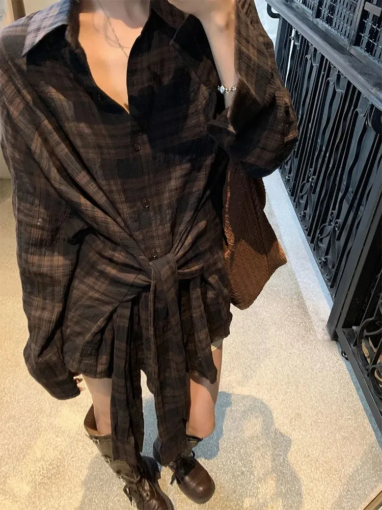 

Женский топ в клетку в стиле ретро Long Sve irt, ранняя осень 2023, новый топ для похудения с поясом, дизайн Sensibili Faion, полиэфирное волокно