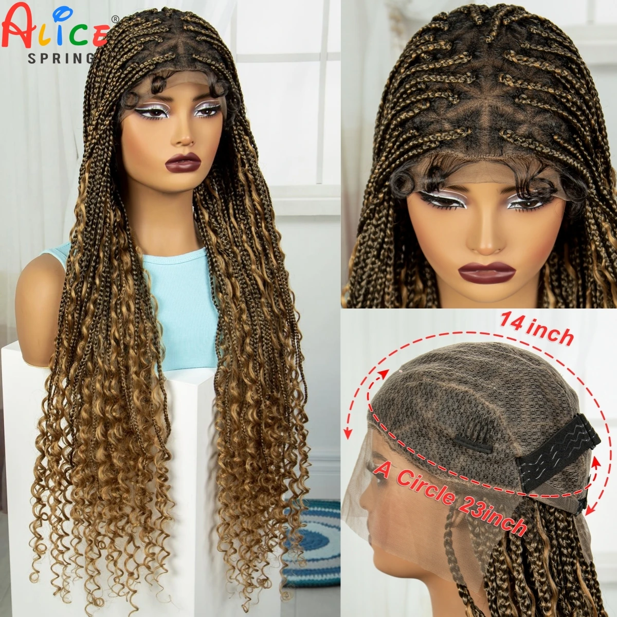 36Inch Synthetic Boho Knortless Box Braids Wig for Black Women Ombre Braided Wig with Curly Ends HD Full Lace Wig with Baby Hair