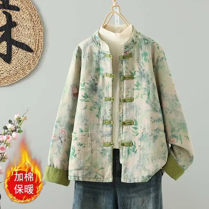 

Женское хлопковое пальто в стиле ретро с художественным принтом, воротником-стойкой, пуговицами-лягушками, свободного кроя, теплое, универсальное, приталенное, кардиган, верхняя одежда