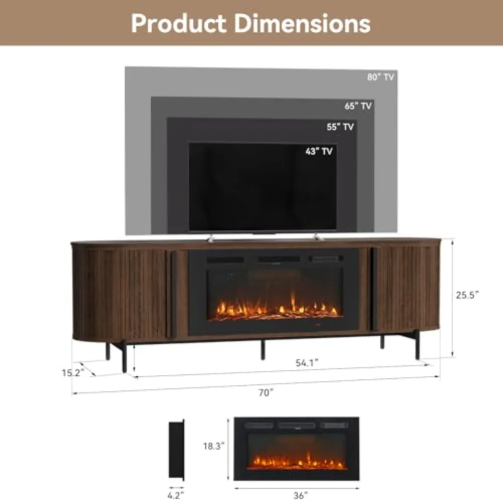 Luxury Fluted TV Stand with Fireplace, 70 inch, Brown | Modern Chic Entertainment Center for TVs Up to 80