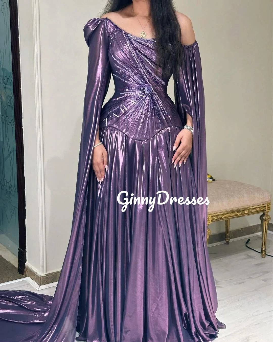 Customized Vestidos De Fiesta Dia A-Line One-Shoulder Floor-Length Evening Dress Ruffle Beadings Long Sleeves Zipper Up Dresses