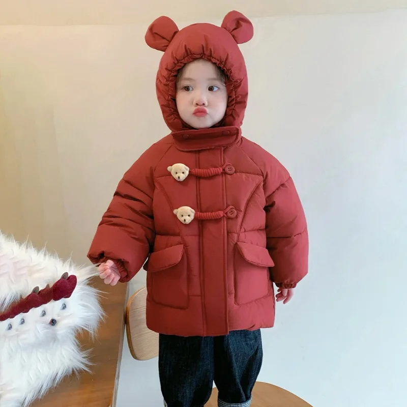 

Children Girls Winter Outerwear Korean Bear Ears Hooded Infant Babys Girls Parkas Red Thicken Warm Toddler Kids Girls Jackets