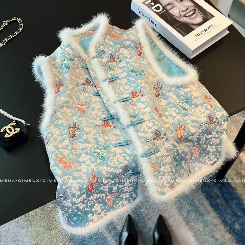 

Женская одежда: осенне-зимний модный жилет в китайском стиле, теплый флисовый безрукавный жилет на пуговицах в стиле инди-фолк