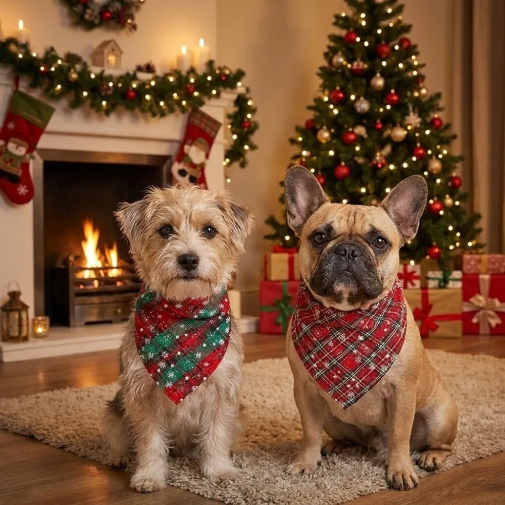 Washable Polyester Cotton Christmas Pet Triangle Scarf Snow Print Plaid Dog Bandanas Soft Dog Saliva Towel Christmas