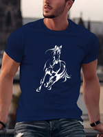 Men's summer 100% pure cotton fashionable casual loose running horse pattern printed round neck short sleeved T-shirt top