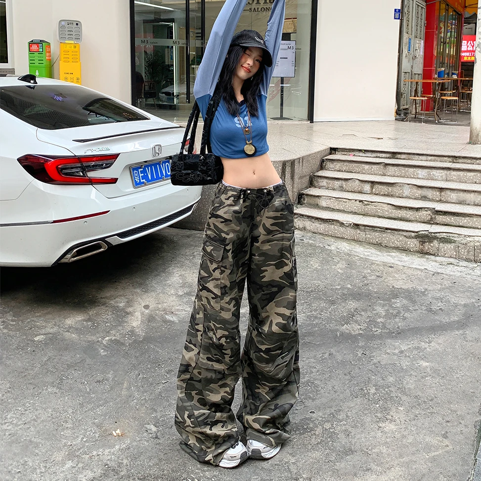 Shascullfites 2024 Autumn New American Retro Camouflage Cargo Pants for Women High Street Drawstring Loose Wide-Leg Trousers