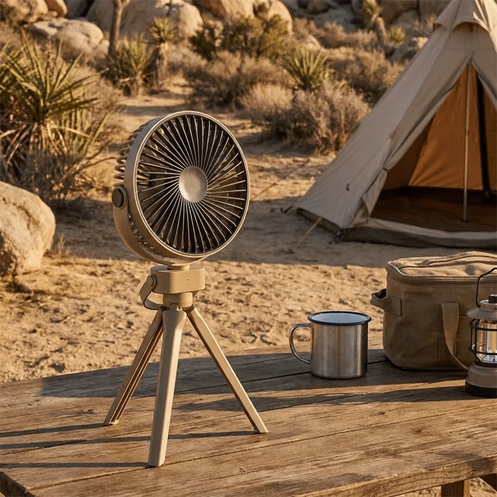 3 Speed Portable Camping Fan Night Light 3-in-1 Design Hanging Fan Long Battery Life Triangle Bracket Rechargeable Fan