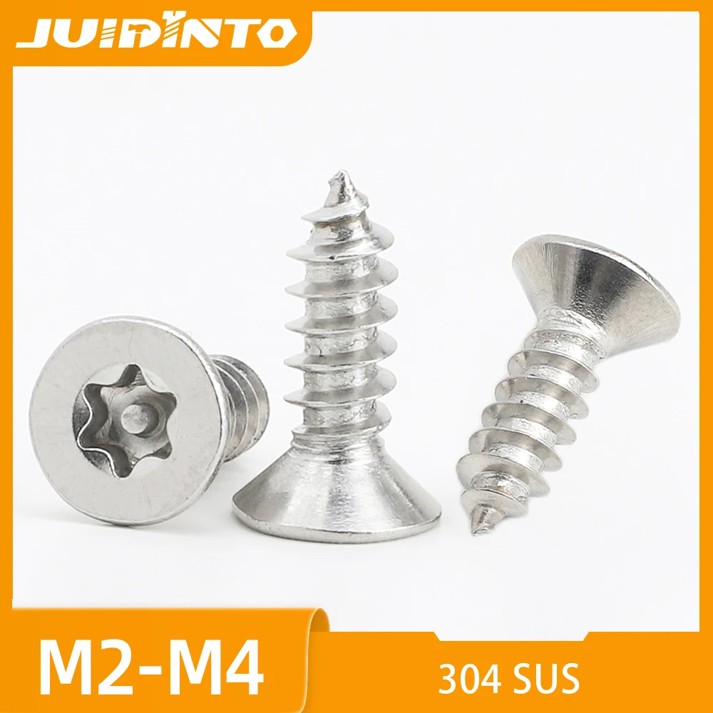 JUIDINTO 5-50pcs 304 Stainless Steel Pin-in Torx CSK Head Security Self Tapping Screw M2 M2.3 M2.6-M6 Six-Lobe Drive Wood Screws