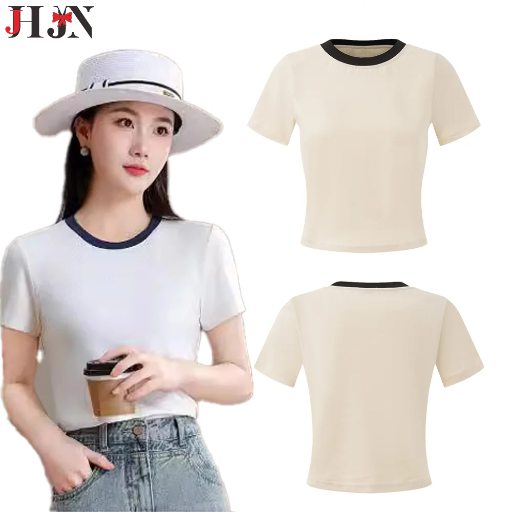 2024  Summer Women\'s Round neck T-shirt  Casual Fashion Solid Colours Short Sleeve Slim Short Inner Bottom Shirt