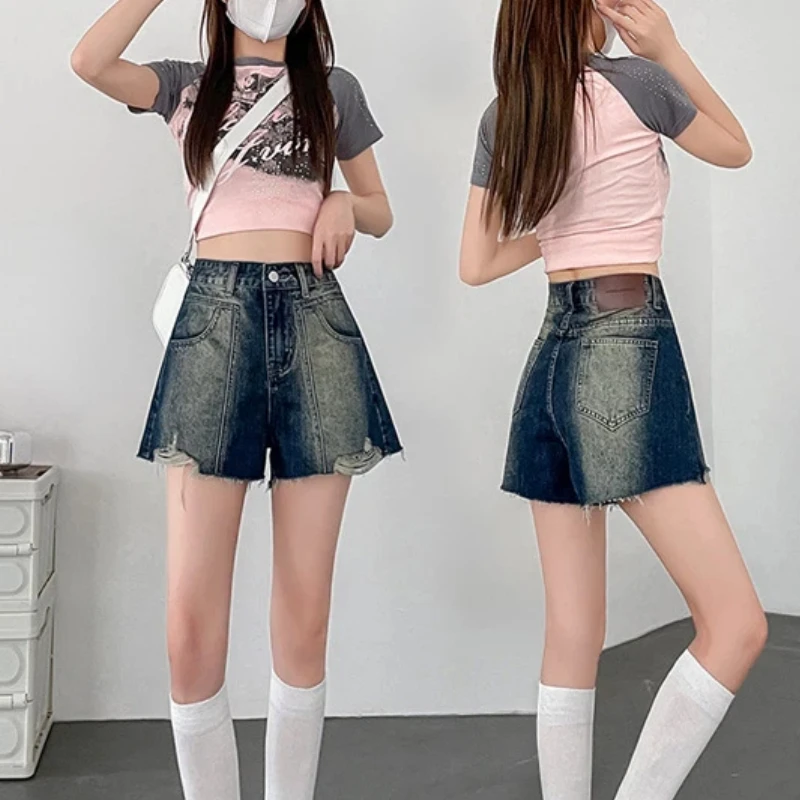 Retro High Waist Slimming Denim Shorts for Women Summer Thin Wide Leg A-Line Shorts Small Size Classic Blue Jeans Shorts