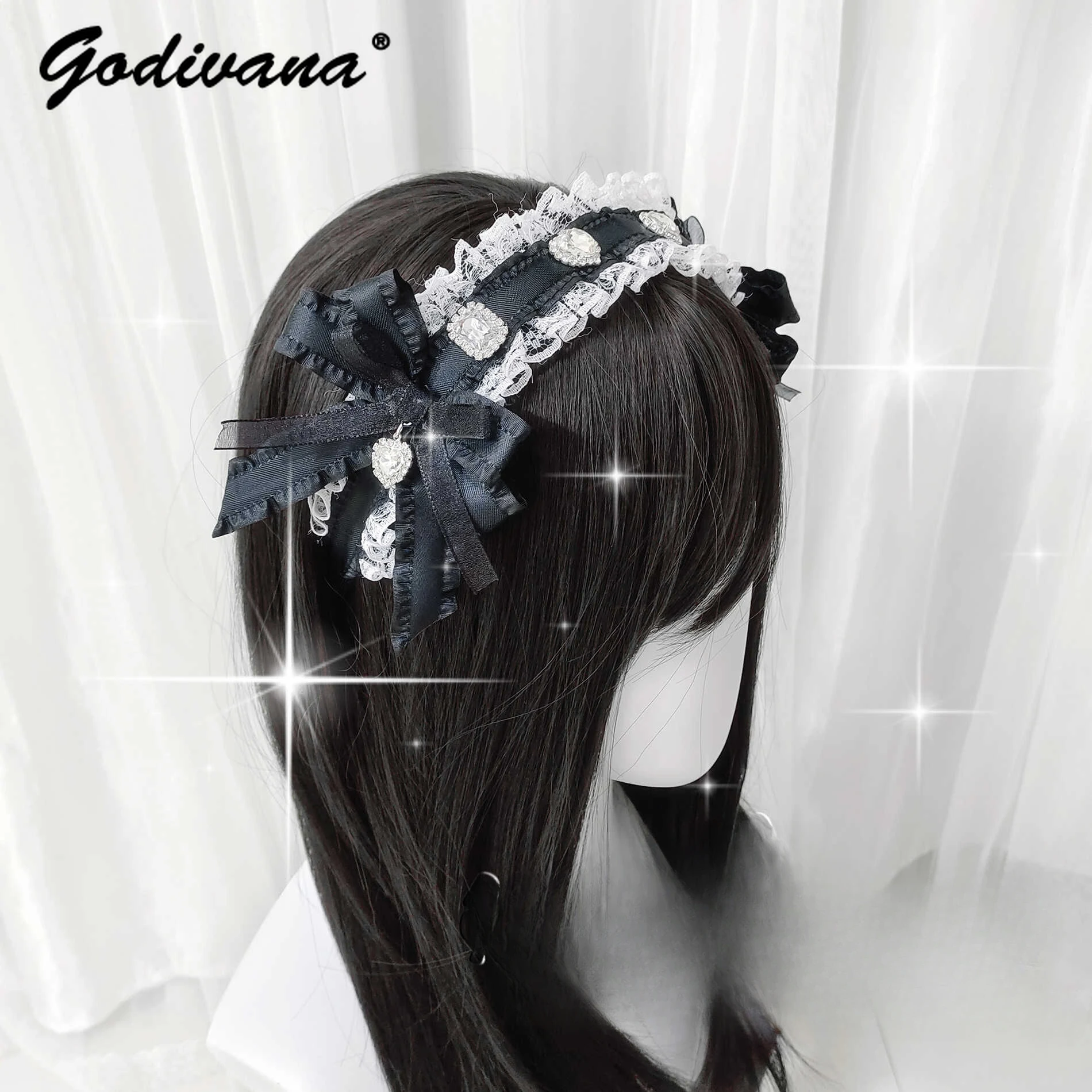 Handmade Mine Series Mass Production Love Rhinestone Bow Lace Headband Hairband Cute Girl Female Lolita Headgear