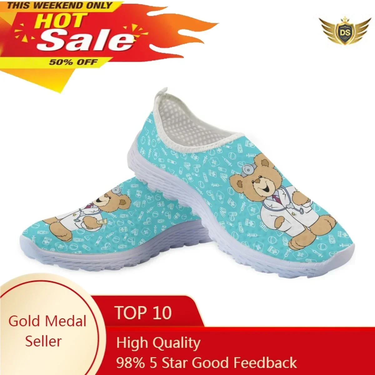 

Cute Cartoon Bear Doctor Printing Nursing Shoes Summer Women Slip-on Flat Shoes New Non-slip Comfortable Mesh Sneakers Zapatos
