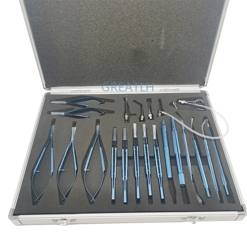 Liga de titânio e aço inoxidável Ophthalmic Set, Eye Instrument, Micro Pinças, Tesoura, Needle Holder Set, Ferramentas cirúrgicas, 21pcs