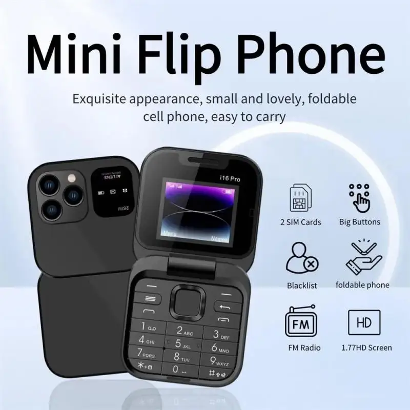 i16Pro Small Foldable Mobile Phone Auto Call Record Speed Dial FM Radio Mini Flip Telephones 2 Card GSM Unlocked Cellphone