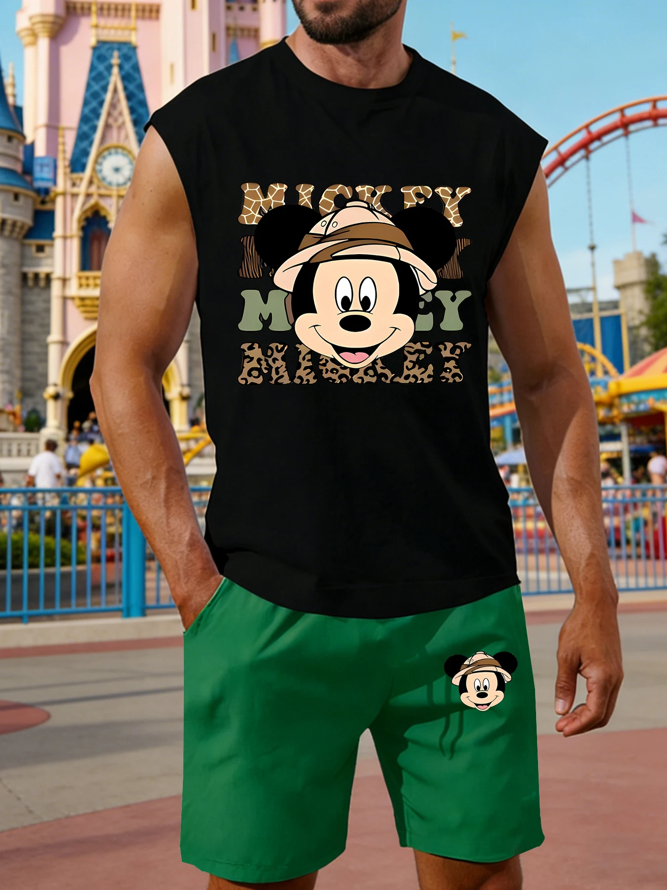 

Men's Mickey Print Sleeveless Tank Top and Shorts Set Casual Summer Outfit for Daily Outings and Sports