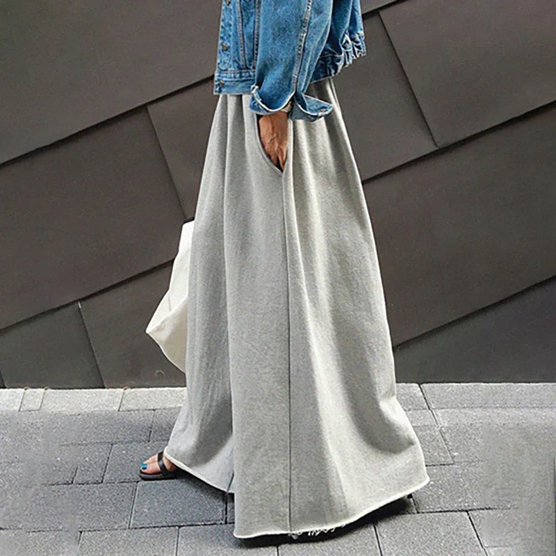 New Urban Female Black Gray Solid Color  Elastic Waist Wide Leg Pants Casual Work Long Turnip Trousers For Women