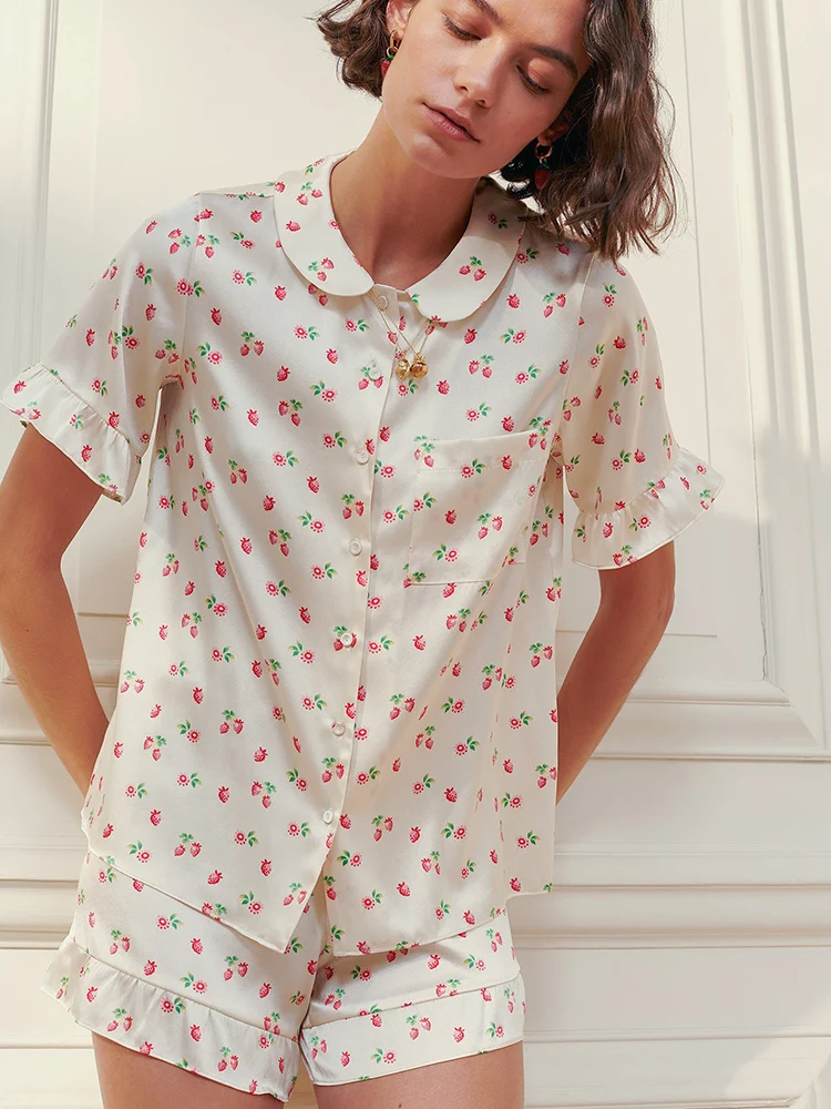 Hiloc Women's Summer Satin Pajamas Set Short Sleeve Peter Pan Collar Top Elastic Waist Shorts Floral Print Casual Sleepwear