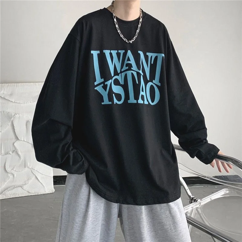 ZAZOMDE Breathable Cotton Long Sleeve Tee Men Vintage Alphabet Pattern Anti Shrink Technology Loose Fit For All Season Wear