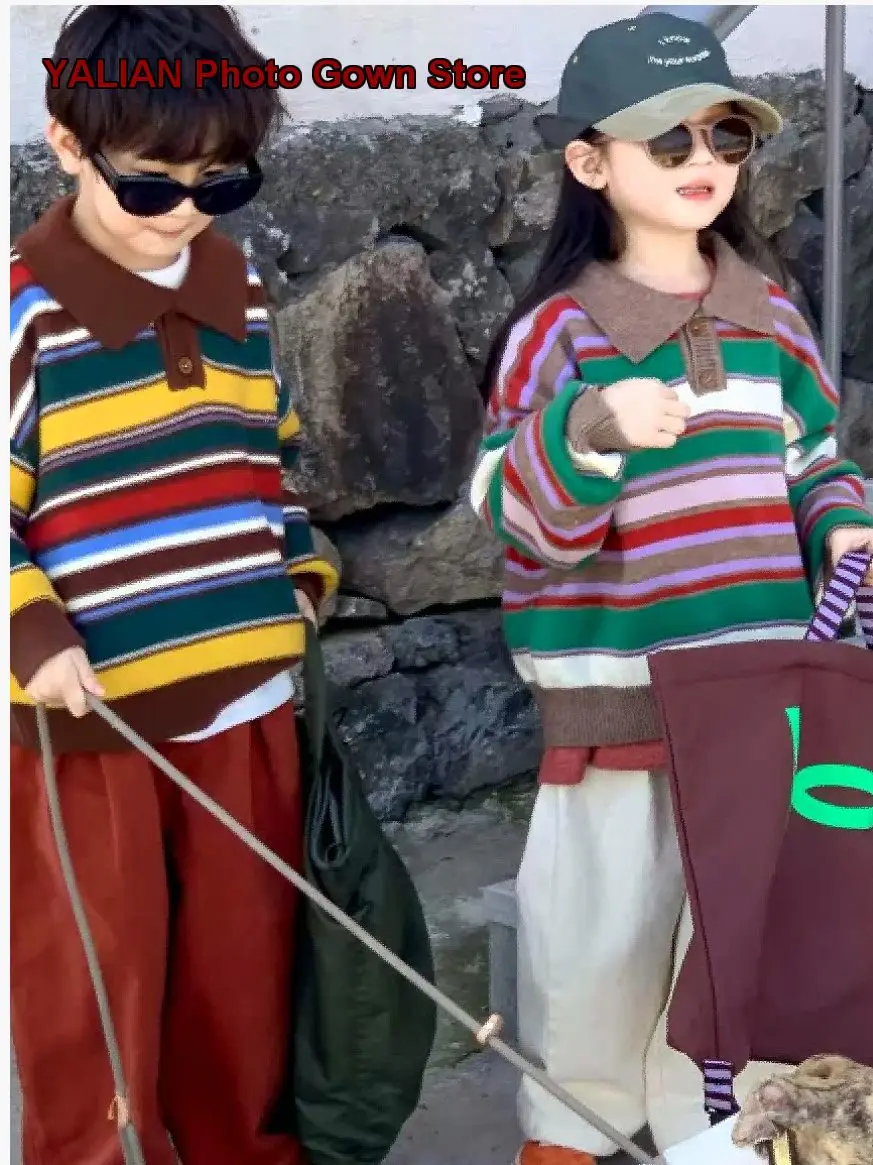 Girls Knit Top Spring Children Long Sleeves Rainbow Brother Sister Boys Polo Collar Jacket Kids