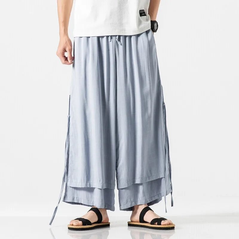 2025 Men Loose Straight Cotton Linen Wide Leg Pants Men Women Chinese Style Pants Double Layer Draping Hanfu Skirt Trousers