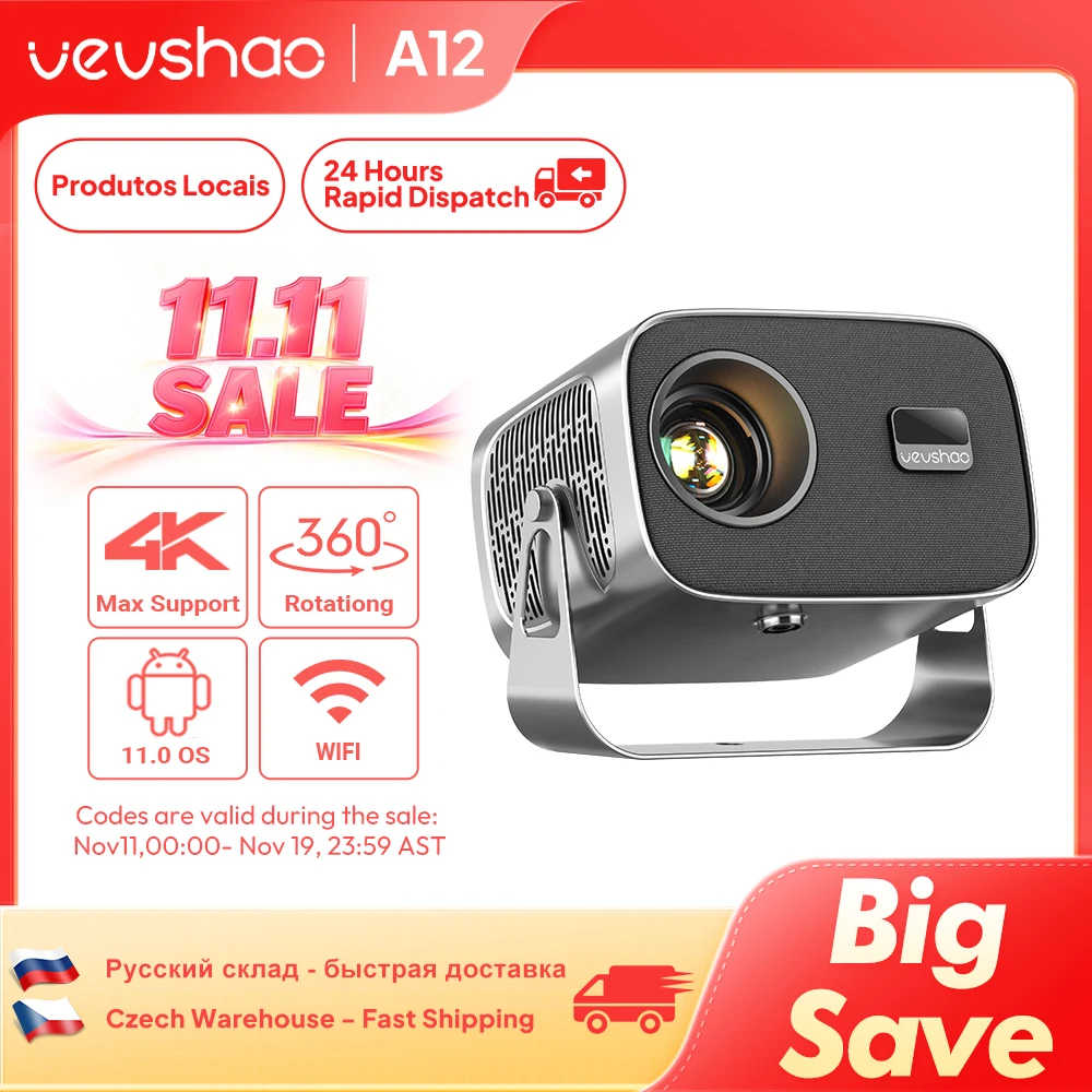 VEVSHAO A12 4K Android11 Projektor SmartPhone Natywna automatyczna regulacja ostrości Keystone BT5.2 WIFI6 Przenośny 360 °   Obrotowy kino domowe 1280*720P