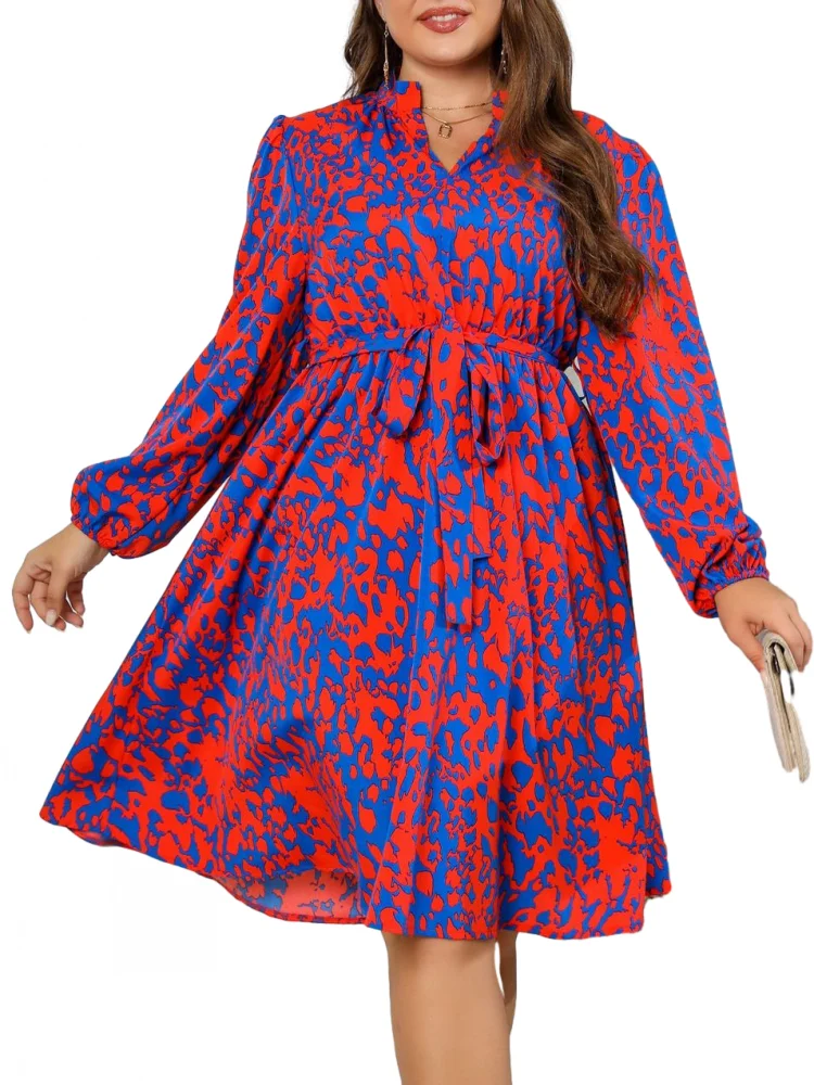 Elegant Casual Women Dress Autumn New Fashion Printed V-Neck Long Sleeve Big Size A-line Dress Cute Clothes Vestidos Mujer