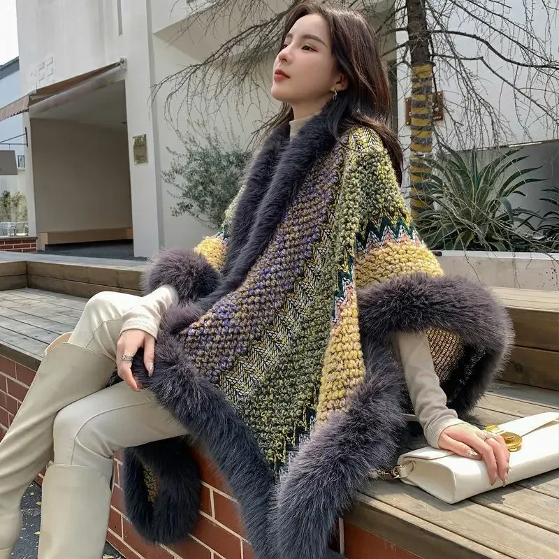 

Autumn Winter New Thick Warm Fashion Knitting Cardigan Poncho Women With Fur Collar Cloak Lady Party Shawls Ethnic Travel Scarf