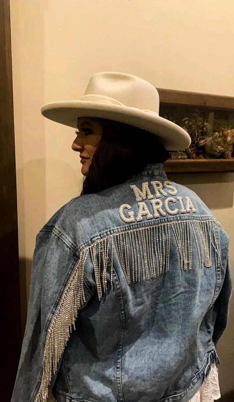 Bride Jacket with Rhinestone Diamond Fringe Nashville Bachelorette Denim Bridal Shower Jackets Personalized Name Wedding Coats