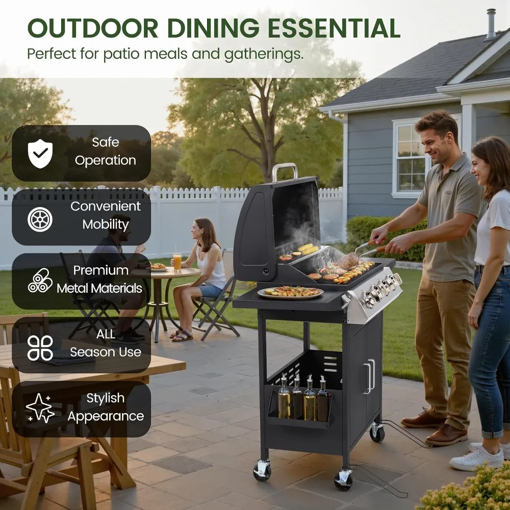 4-Burner Propane Gas BBQ Grill, Upgraded 40,000 BTU Stainless Steel Barbecue Grill with Foldable Side Tables, Customized
