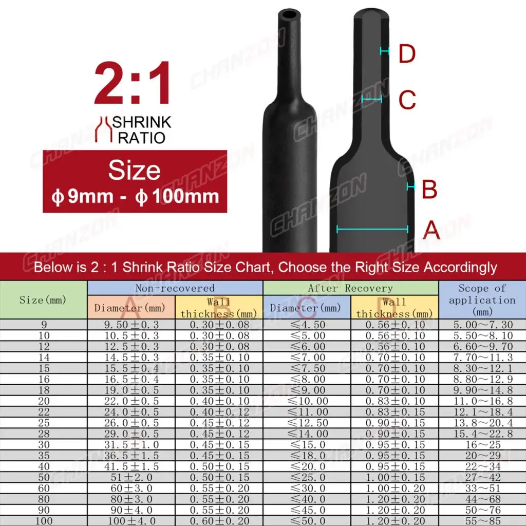 6 Colors 9mm - 100mm 2:1 Heat Shrink Tube Heating Shrinking Tubing Hose Wire Protector Heated Shrinkable Wrap Cords Wiring 1M